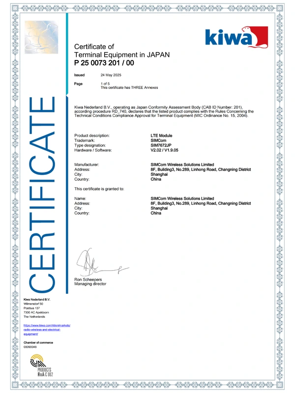 TELEC certification for selected camera models
